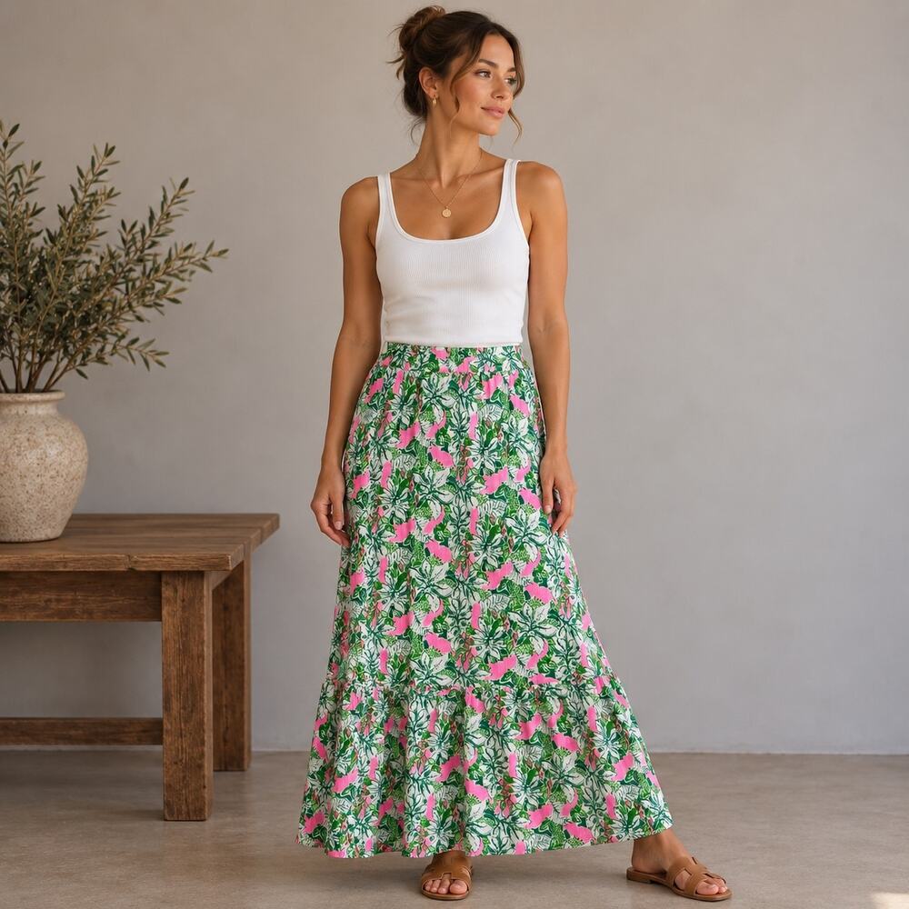 Lilly Pulitzer pink green white Kasida parrot Print  skirt 4